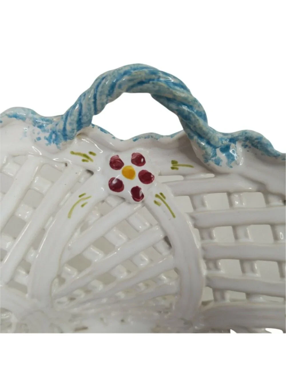 Hand Painted Ceramic White Basket Weave Bowl With Floral Cherry Details Handles